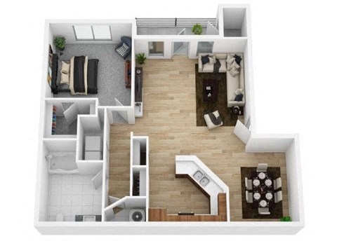 Floor plan for 1 bed, 1 bath, 887 sqft