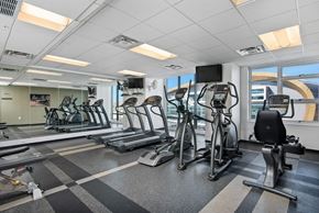 Milwaukee apartment for rent - a gym with treadmills and other exercise equipment in a room with windows