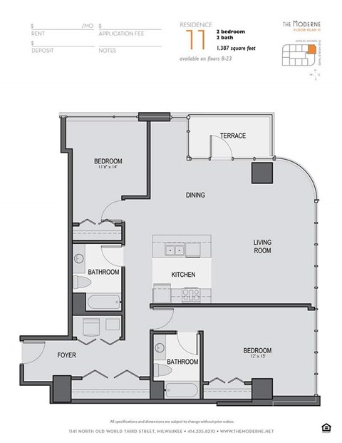 Floor plan for 2 beds, 2 baths, 1387 sqft
