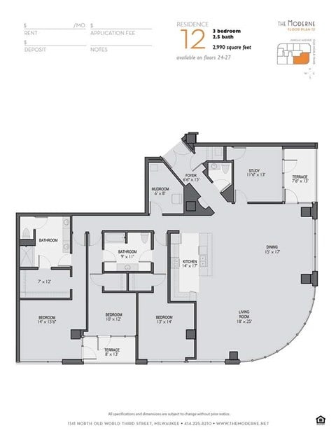 Floor plan for 3 beds, 2.5 baths, 2990 sqft