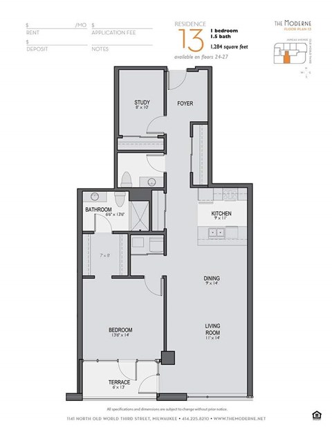 Floor plan for 1 bed, 1.5 baths, 1284 sqft