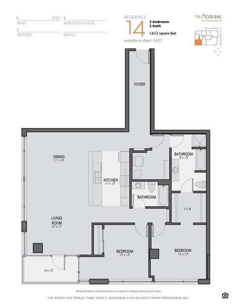 Floor plan for 2 beds, 2 baths, 1612 sqft