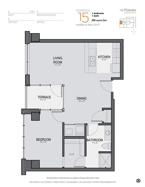 Floor plan for 1 bed, 1 bath, 888 sqft