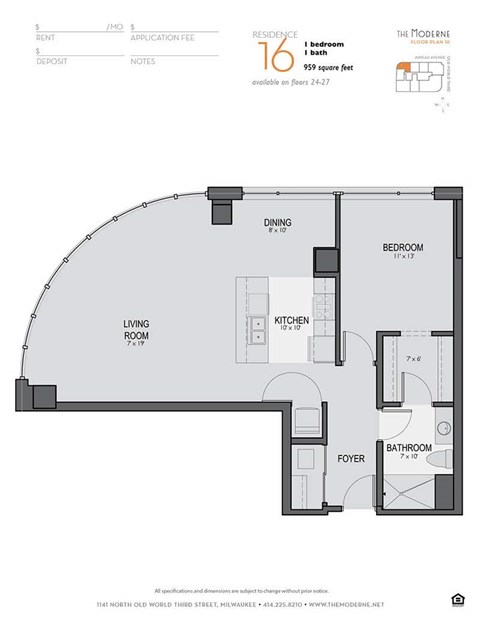 Floor plan for 1 bed, 1 bath, 959 sqft