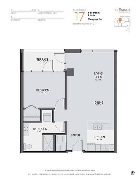 Floor plan for 1 bed, 1 bath, 870 sqft