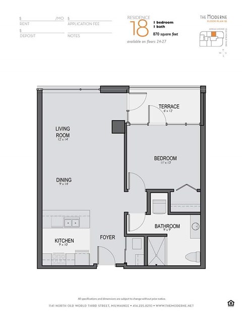 Floor plan for 1 bed, 1 bath, 870 sqft