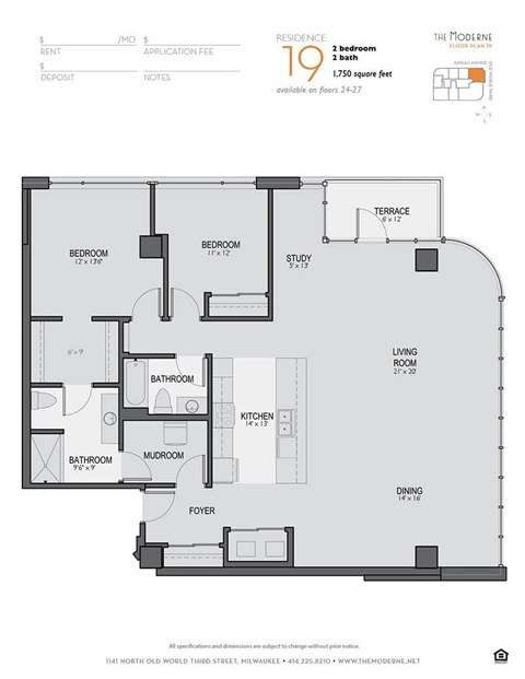 Floor plan for 2 beds, 2 baths, 1750 sqft
