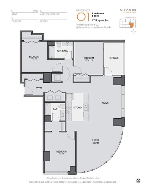 Floor plan for 3 beds, 2 baths, 1711 sqft