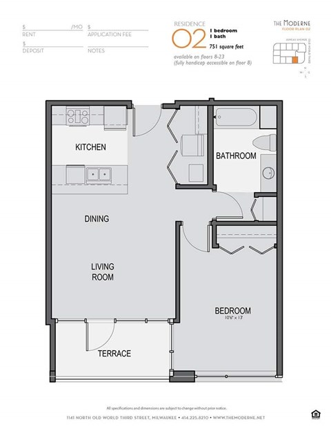 Floor plan for 1 bed, 1 bath, 751 sqft