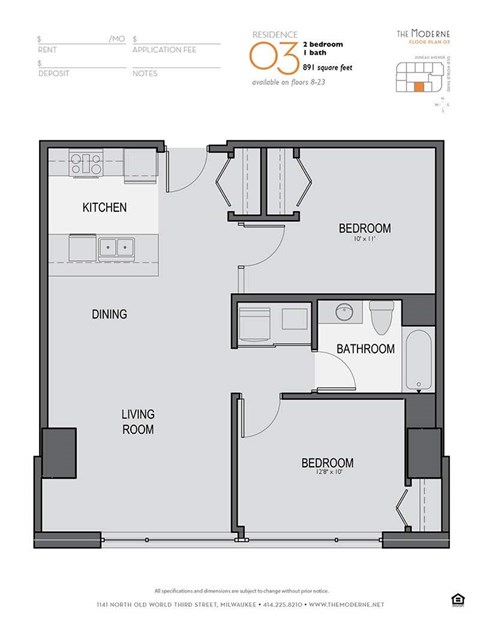 Floor plan for 2 beds, 1 bath, 891 sqft