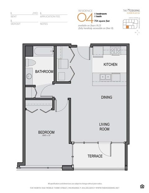 Floor plan for 1 bed, 1 bath, 754 sqft