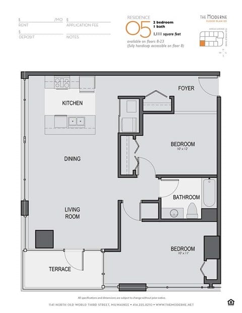 Floor plan for 2 beds, 1 bath, 1111 sqft