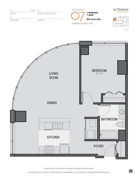Floor plan for 1 bed, 1 bath, 864 sqft