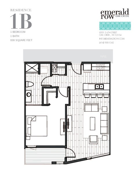 Floor plan for 1 bed, 1 bath, 838 sqft