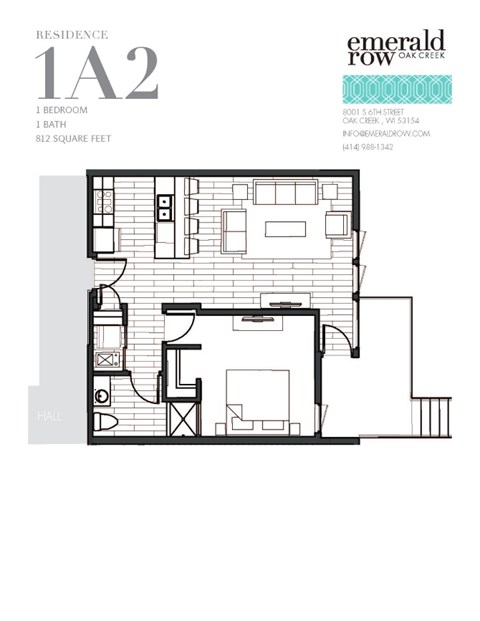 Floor plan for 1 bed, 1 bath, 812 sqft