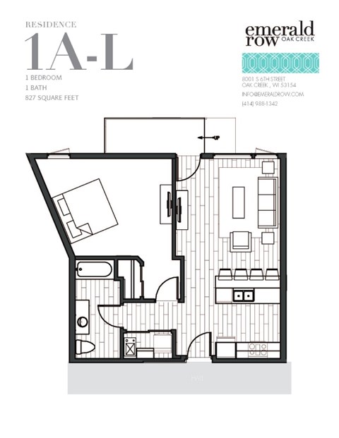 Floor plan for 1 bed, 1 bath, 827 sqft