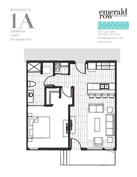 Floor plan for 1 bed, 1 bath, 785 sqft