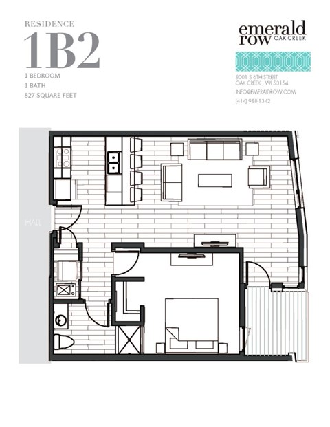Floor plan for 1 bed, 1 bath, 827 sqft