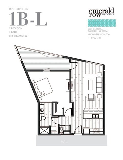 Floor plan for 1 bed, 1 bath, 958 sqft