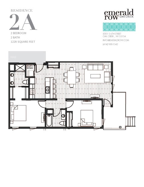 Floor plan for 2 beds, 2 baths, 1228 sqft