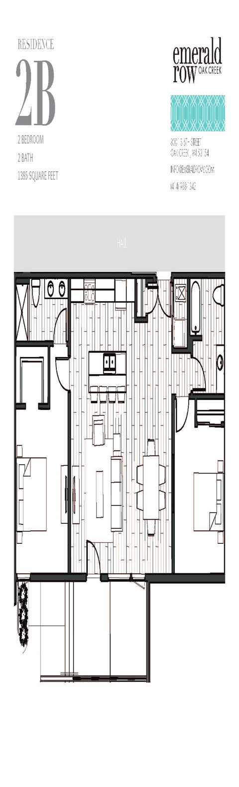 Floor plan for 2 beds, 2 baths, 1385 sqft
