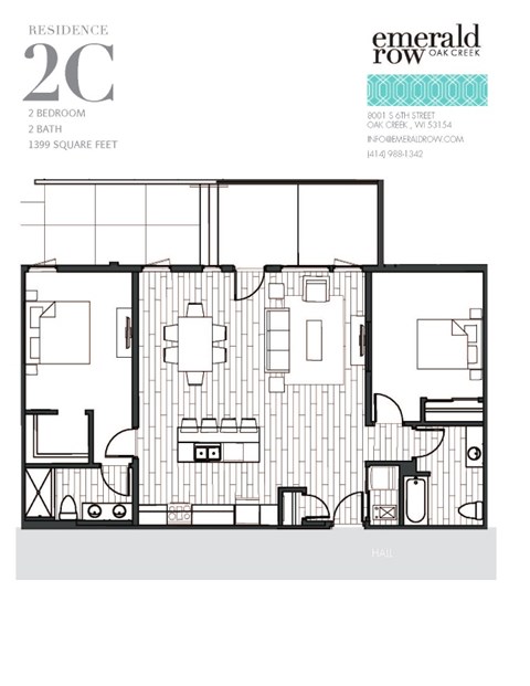 Floor plan for 2 beds, 2 baths, 1399 sqft