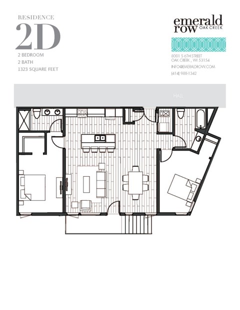Floor plan for 2 beds, 2 baths, 1323 sqft