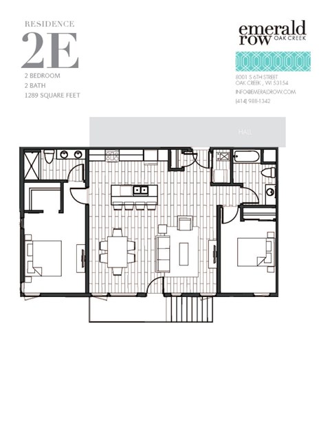 Floor plan for 2 beds, 2 baths, 1289 sqft