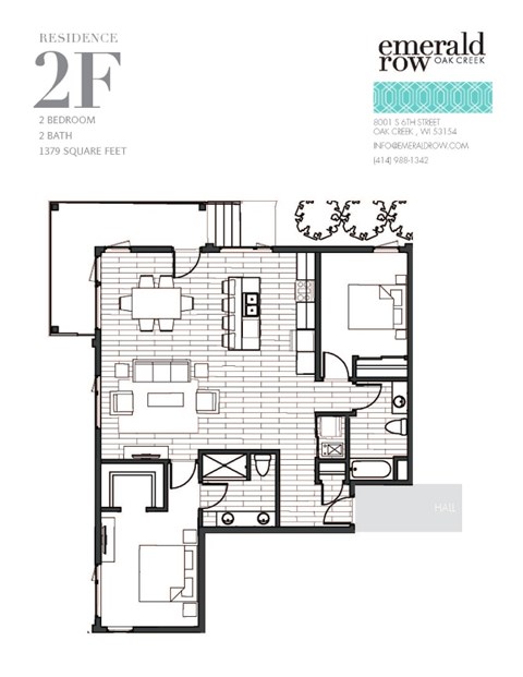 Floor plan for 2 beds, 2 baths, 1379 sqft