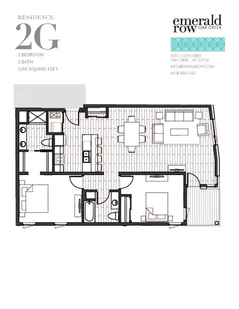 Floor plan for 2 beds, 2 baths, 1246 sqft