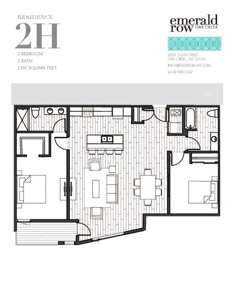 Floor plan for 2 beds, 2 baths, 1381 sqft