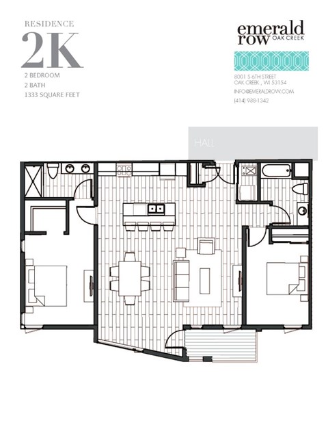 Floor plan for 2 beds, 2 baths, 1333 sqft