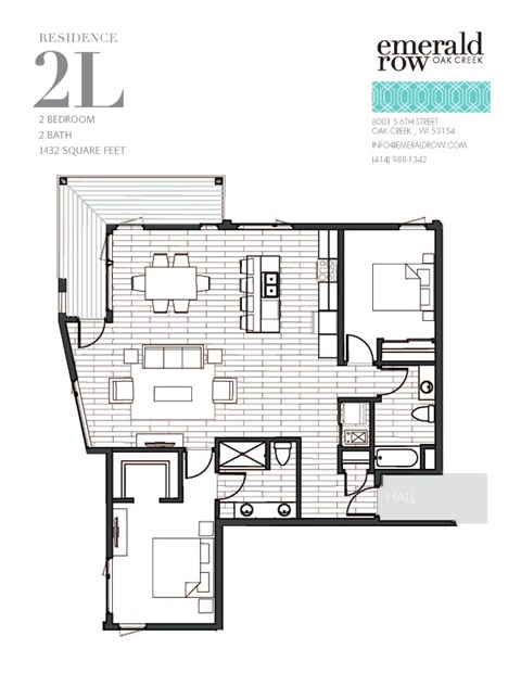 Floor plan for 2 beds, 2 baths, 1432 sqft
