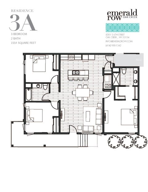 Floor plan for 3 beds, 2 baths, 1554 sqft