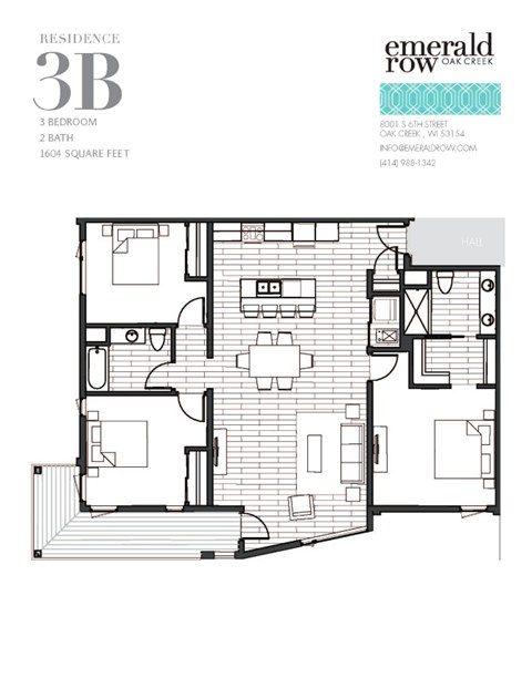 Floor plan for 3 beds, 2 baths, 1604 sqft