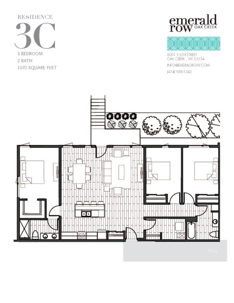 Floor plan for 3 beds, 2 baths, 1570 sqft