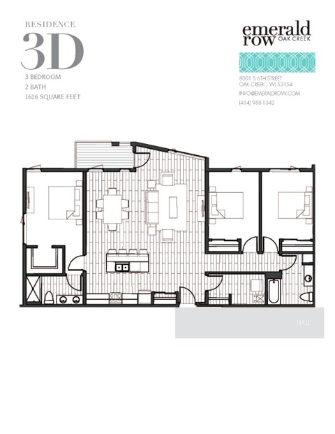Floor plan for 3 beds, 2 baths, 1616 sqft