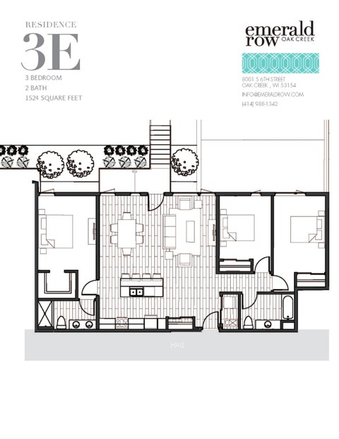 Floor plan for 3 beds, 2 baths, 1524 sqft