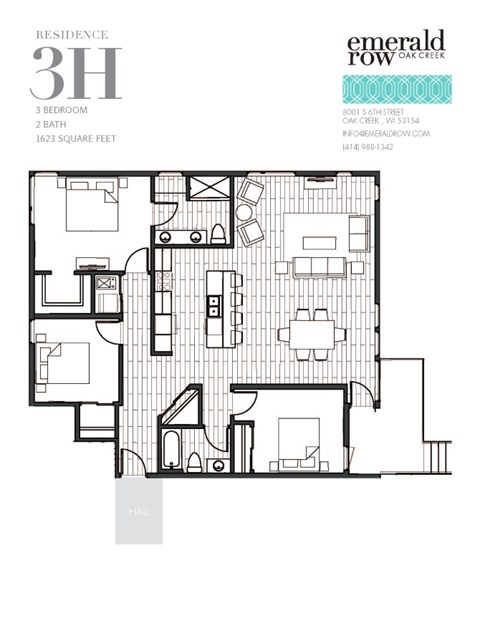 Floor plan for 3 beds, 2 baths, 1623 sqft