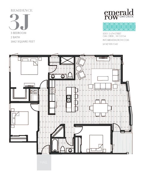 Floor plan for 3 beds, 2 baths, 1662 sqft
