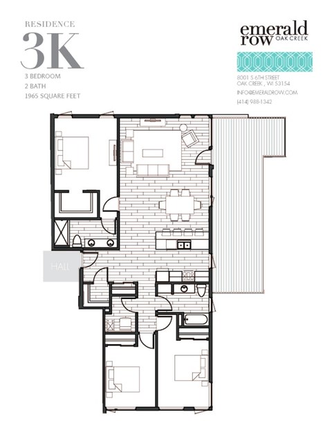Floor plan for 3 beds, 2 baths, 1965 sqft