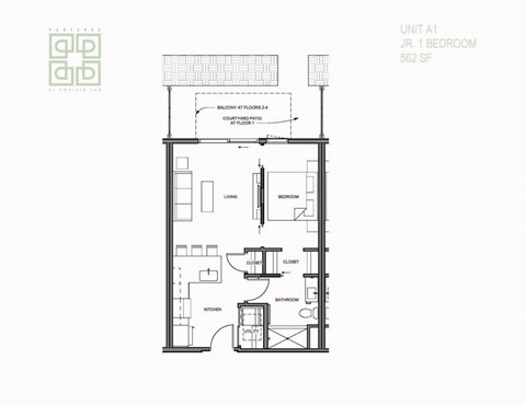 Floor plan for 1 bed, 1 bath, 562 sqft