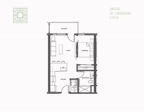 Floor plan for 1 bed, 1 bath, 517 sqft