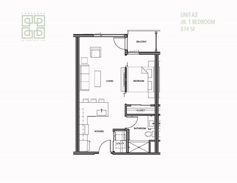Floor plan for 1 bed, 1 bath, 574 sqft