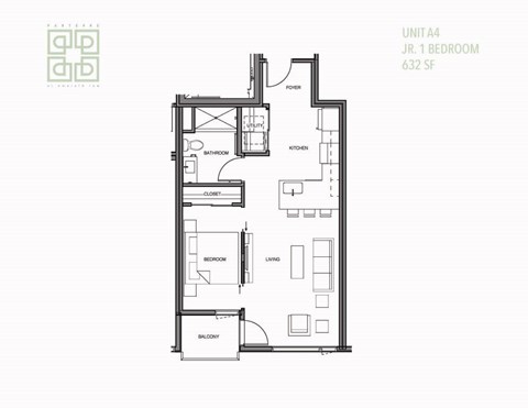 Floor plan for 1 bed, 1 bath, 632 sqft