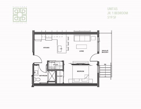 Floor plan for 1 bed, 1 bath, 519 sqft
