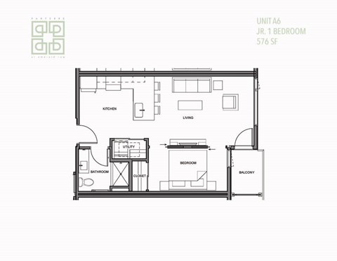 Floor plan for 1 bed, 1 bath, 579 sqft