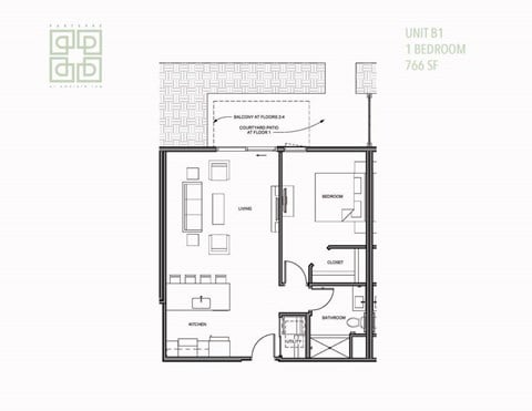Floor plan for 1 bed, 1 bath, 766 sqft