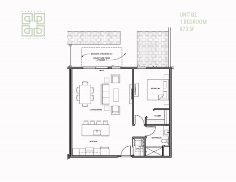 Floor plan for 1 bed, 1 bath, 873 sqft