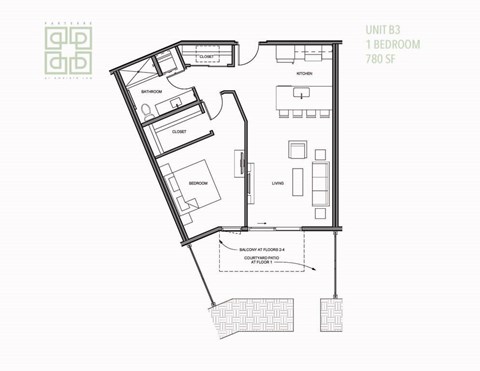 Floor plan for 1 bed, 1 bath, 779 sqft